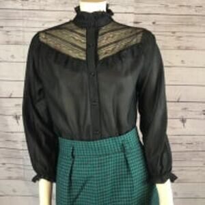 American Vintage Pretty Tops black lace & frilled blouse high neck size medium